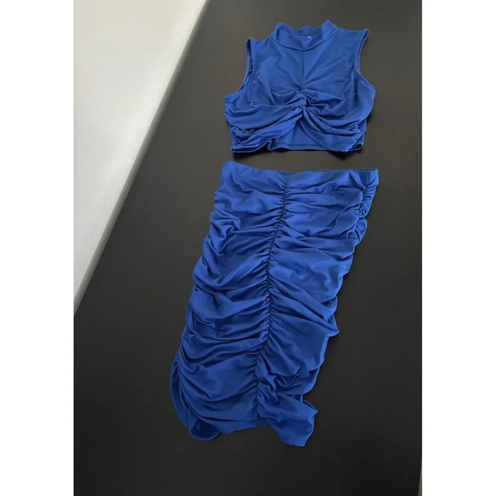 Skirt & Crop Top Set Large BodyCon Blue Ruched Y2K Glam Cyber Grunge Festival - Picture 3 of 15